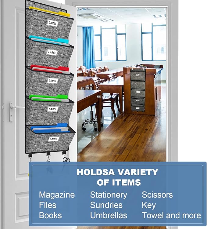 Homyfort Over the Door File Organizer, Hanging Wall File Folders with 5 Large Pockets for Papers, Charts, Mails, Magazine, Office and Back To Supplies Storage and Organization (Black)-NeatNest