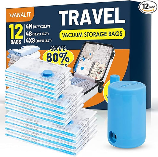 Vacuum Storage Bags for Travel, 12 Pack (4M+4S+4XS) Vacuum Seal Bags with Wireless Rechargeable Electric Pump, Travel Essentials Space Saving Bag for Clothes, Luggage, Carry-on Suitcase, Backpack-NeatNest