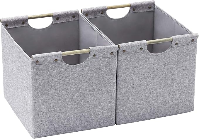 HOONEX Large Foldable Storage Bins, Linen Fabric, 2 Pack, with Wooden Carry Handles and Sturdy Heavy Cardboard, for Home, Office, Car, Nursery, Light Grey