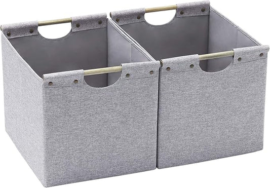 HOONEX Large Foldable Storage Bins, Linen Fabric, 2 Pack, with Wooden Carry Handles and Sturdy Heavy Cardboard, for Home, Office, Car, Nursery, Light Grey