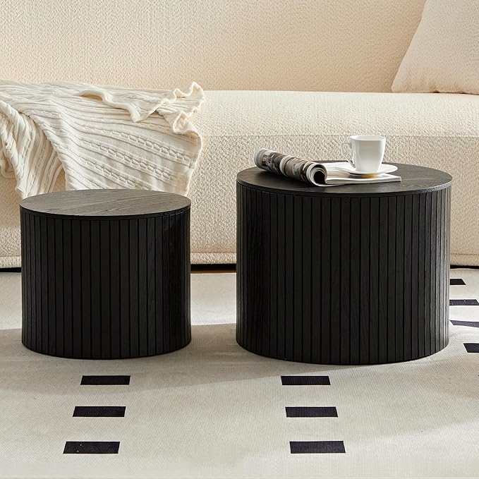 Small Nesting Round Coffee Table Set of 2, Modern Wooden Circle Accent End Side Table for Living Room, Bedroom, No Assembly Required, Black
