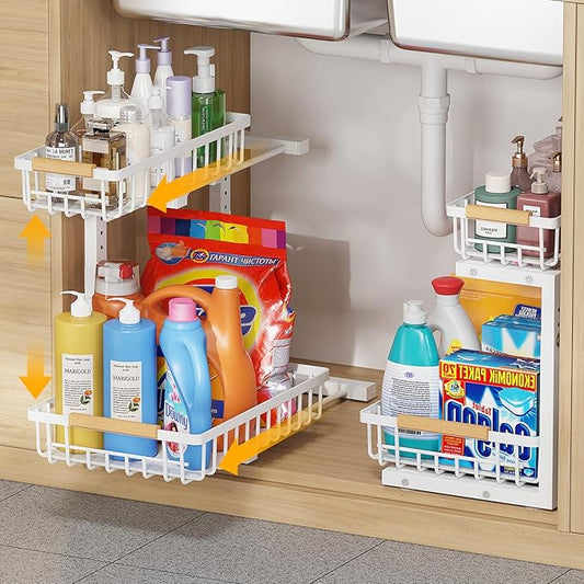 2-Tier Slide Out Under Sink Organizer – 2-Tier Pull-Out Storage Rack, Bathroom organizers and storage for Kitchen and Bathroom, Space-Saving Cabinet Organizer, Rustproof,（White)(2 Pack)-NeatNest