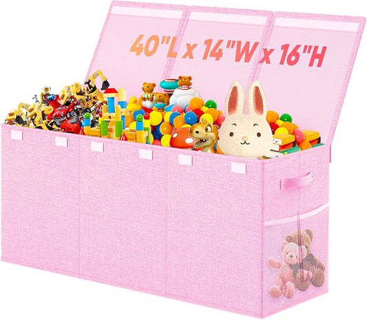 Extra Large Toy Storage Box with Lid Divider, Sturdy Collapsible Toys Organizer Chest Kids Storage Bins Boxes Baskets for Boys, Girls, Nursery, Bedroom, Living Room, Playroom, 40"x14"x16", Pink