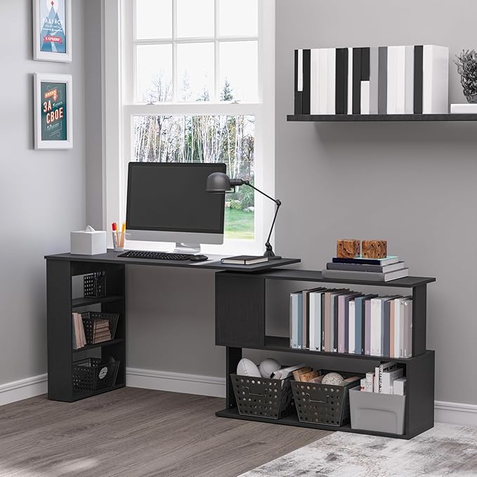 HOMCOM L Shaped Desk, Corner Computer Desk, 360 Degree Rotating Home Office Desk with Storage Shelves, Writing Table Workstation, Black-NeatNest