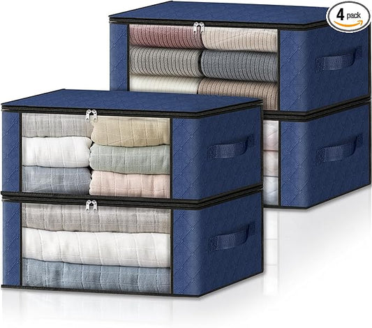HomeHacks Storage 4-Pack Clothes Organizer Storage Bags Foldable Storage Box with Large Clear Window Sturdy Handles for Closet, Dorm, Pillows, Bedding, Clothes, Blankets, 35L, Blue-NeatNest