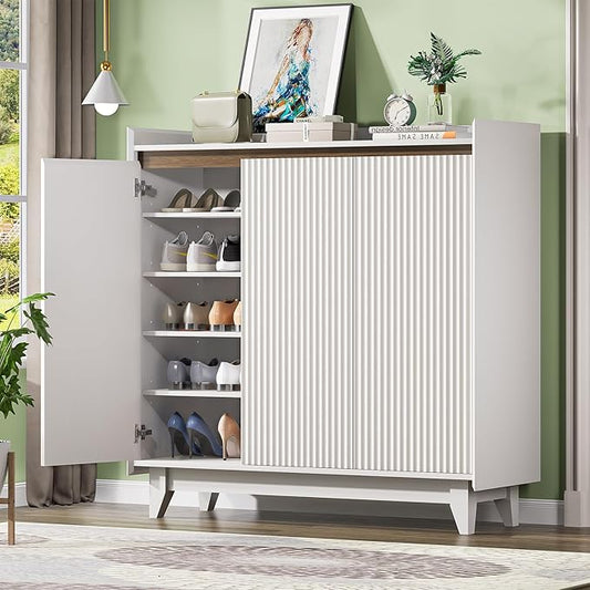 Wave Fluted Shoe Storage Cabinet with 3 Doors, 6-Tier Shoe Cabinet with Adjustable Shelves, 43.7”H Tall Shoe Cabinet Storage for Entryway Hallway White Shoe Rack Organizer Freestanding Cabinet-NeatNest