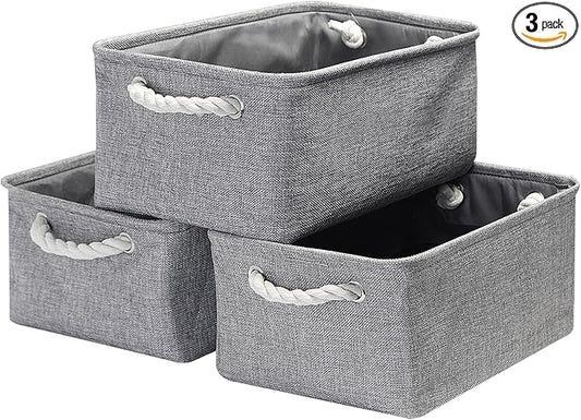 Fabric Storage Bins, 3 Pack Foldable Cube Baskets with Rope Handles, Large Collapsible Storage Cubes for Home, Office, Closet, Clothes, Books Organizer. (Gray, 3PCS/14*10.2*6.3inch)-NeatNest