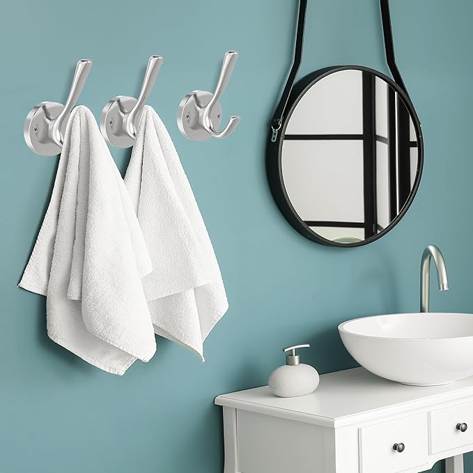 Brushed Nickel Wall Hooks, 4 Pack Heavy Duty Coat Towel Hook Metal Double Hook Wall Mounted Hanging, Bath Towel Hooks for Entryway Cubicle Bathroom Closet Garage-NeatNest