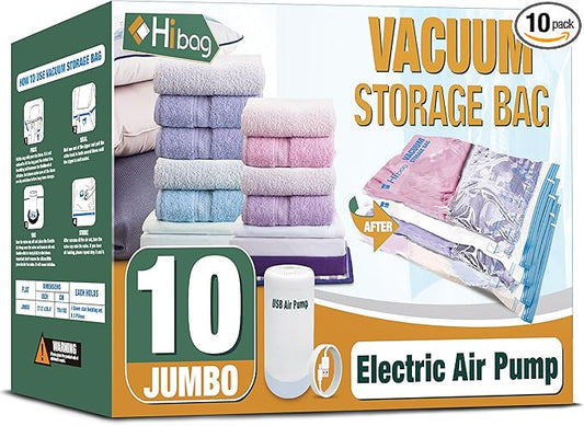 HIBAG Vacuum Storage Bags with Electric Pump, Vacuum Seal Space Saver Bags for Clothes, Clothing, Pillows, Blanket Bedding Comforters, Jumbo 10 pack-NeatNest