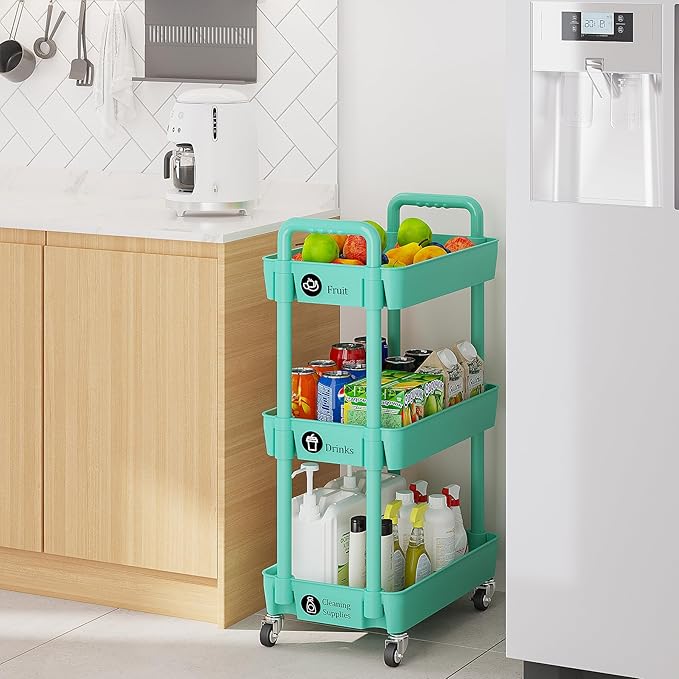 Laiensia 3-Tier Rolling Cart with Wheels,Multifunction Utility Storage carts, Kitchen Storage Organizer,Mobile Shelving Unit for Bathroom,Laundry,with Classified Stickers,Green-NeatNest