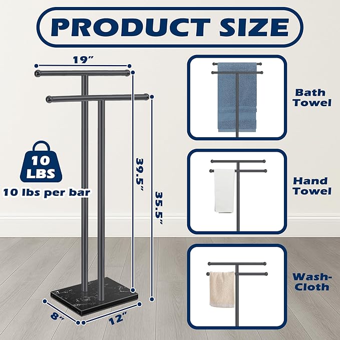 Freestanding Towel Rack with Marble Base,2-Tier Standing Towel Racks for Bathroom,Stable BathTowel Holder for Bathroom Accessories, Black