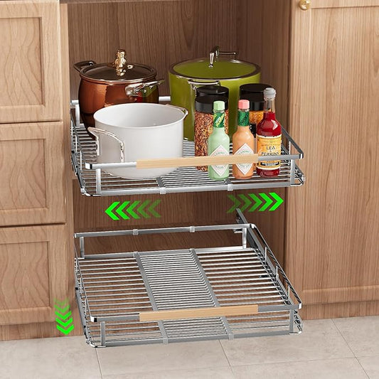 Expandable Pull Out Drawers for Cabinets, Kitchen Cabinet Slide Out Shelves, Adjustable Roll Out Drawers, Stainless Steel, Small 2 Pack, (10.5"-16") W * 22.7"D-NeatNest