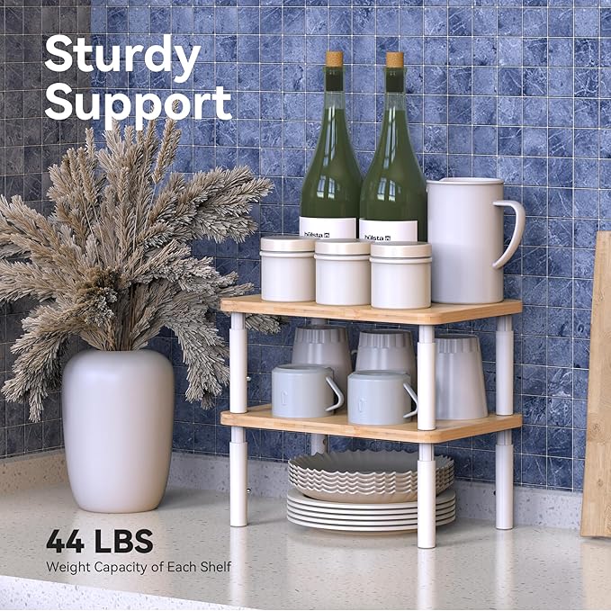 Cabinet Organizer Shelf, Spice Rack Set of 2 Kitchen Pantry Cupboard Shelves, Stackable, Height Adjustable, Natural Bamboo (11.7" Wx77.Dx6.57 H per Pack)-NeatNest