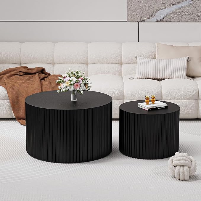 Round Nesting Coffee Table Set of 2 Circle Nested Coffee Tables Modern Fluted Coffee Table Set of 2 Wooden Drum End Side Tables for Living Room Bedroom Small Spaces (Black Small)