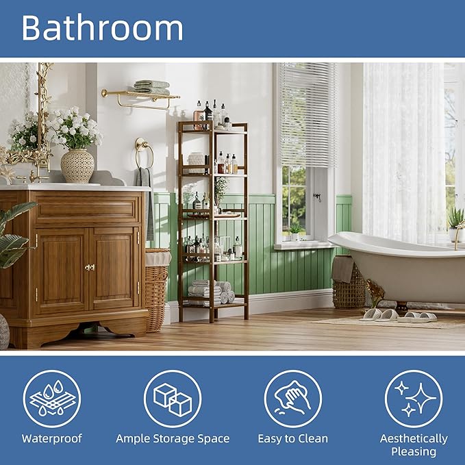 HITNET Bamboo Book Shelf, Tall Narrow Bookcase, Bathroom Shelving Unit 5 Tier Floor Standing Adjustable Bookshelf for Small Spaces, Walnut