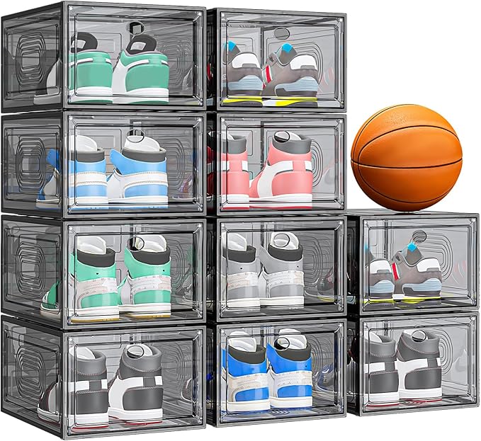 10 Pack Thicken Shoe Organizer Stackable,Upgraded Sturdy Shoe Storage Box with Magnetic Door,Shoe Containers For Sneaker Display,Hat Organizer,Black…-NeatNest