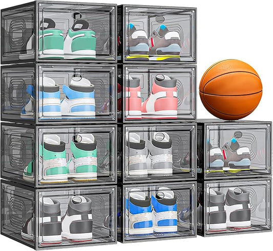 10 Pack Thicken Shoe Organizer Stackable,Upgraded Sturdy Shoe Storage Box with Magnetic Door,Shoe Containers For Sneaker Display,Hat Organizer,Black…-NeatNest