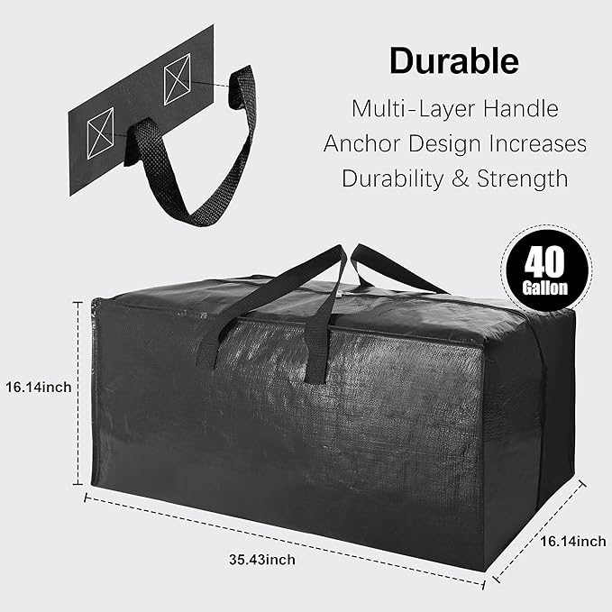 6 Pack Heavy Duty Extra Large Moving Bags W/Backpack Straps - Strong Handles & Zippers, Storage Totes For Space Saving, Fold Flat, Alternative to Box and Bin (40 gal, Black)
