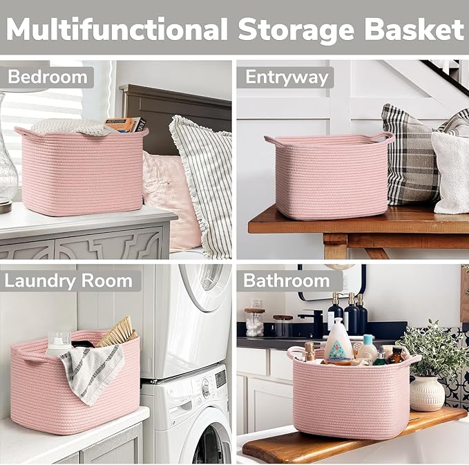 INDRESSME Pink Storage Basket, Multipurpose Organizer for Nursery, Toys, Laundry & Blankets | Square Home Decor Basket with Handles, 13" x 10" x 9"