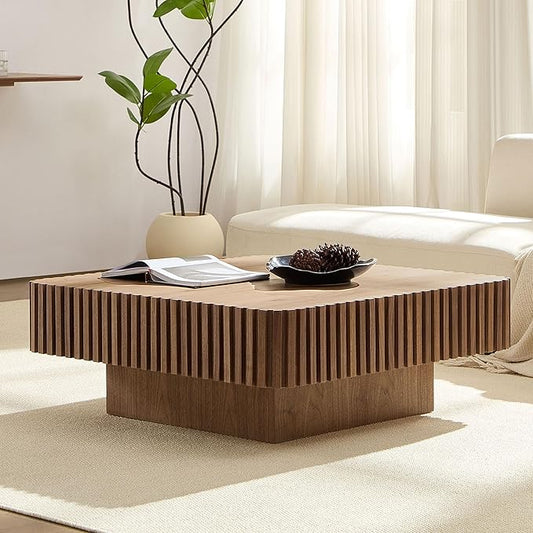 35.43" Square Fluted Drum Coffee Table, Handcrafted Accent Table Modern Contemporary Pedestal Coffee Table for Living Room Small Space - Walnut