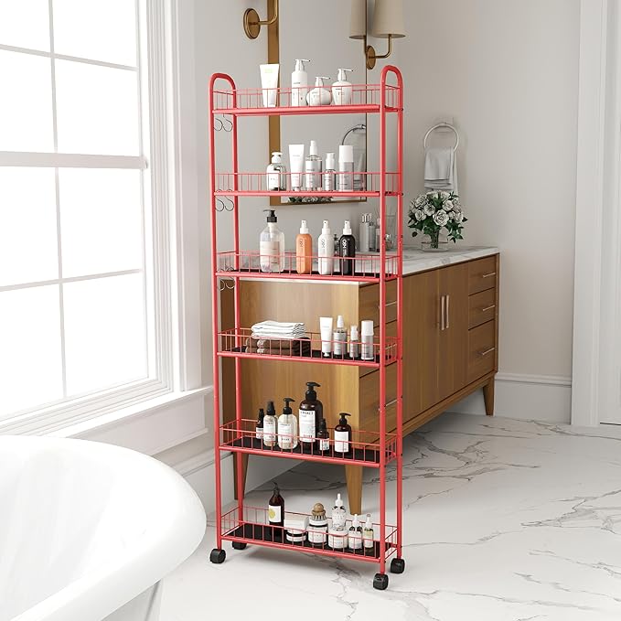 6-Tier Storage Cart Wire Slim Shelving Shelf with Wheels for Small Spaces, Rolling Tall Organizer Storage for Bathroom, Kitchen, Home, Garage, Bedroom, Closet (Red, 6" D)