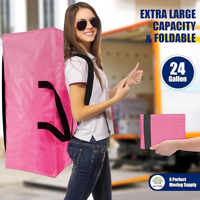 Cosy Family 4 Pack Heavy Duty Extra Large Moving Bags with Backpack Straps - Strong Handles & Zippers, Storage Totes For Space Saving, Fold Flat, Alternative to Moving Box, Pink-NeatNest