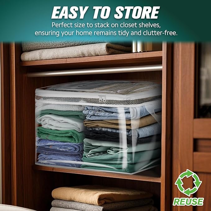 HIBAG 10 Gallon Large Storage Bag for Clothes, Zipper Clothing Storage Bag, Clear Organizer with Reinforced Handles, for Closet and Underbed Storage (4 Pack)-NeatNest