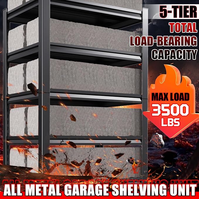 5-Tier Metal Garage Shelving, Heavy Duty Shelving 3000LBS Adjustable Garage Shelves,Utility Rack Industrial Shelves for Basement, Warehouse, Commercial, Easy Assembly, Black 72''H x 35.4''W x 15.7''D