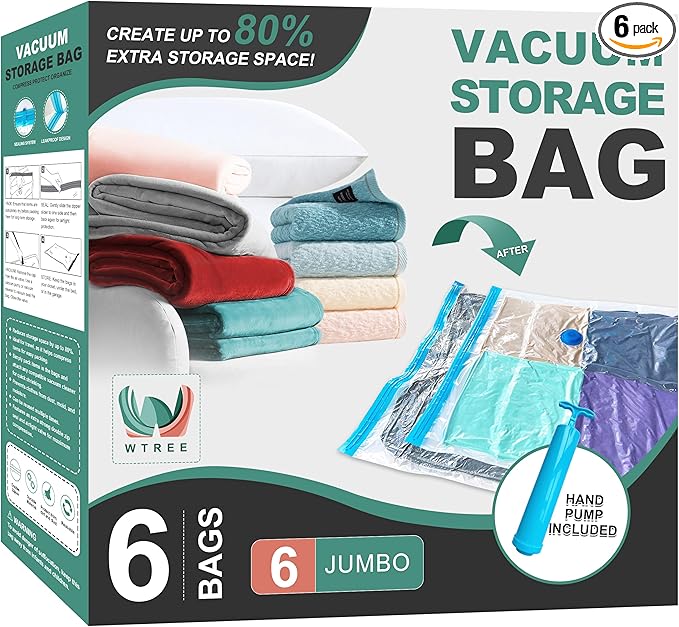 Vacuum Storage Bags, Space Saver Bags, Vacuum Sealed Bags for Comforters, Blankets, Clothes Storage, Hand Pump Included, 6-Jumbo-NeatNest
