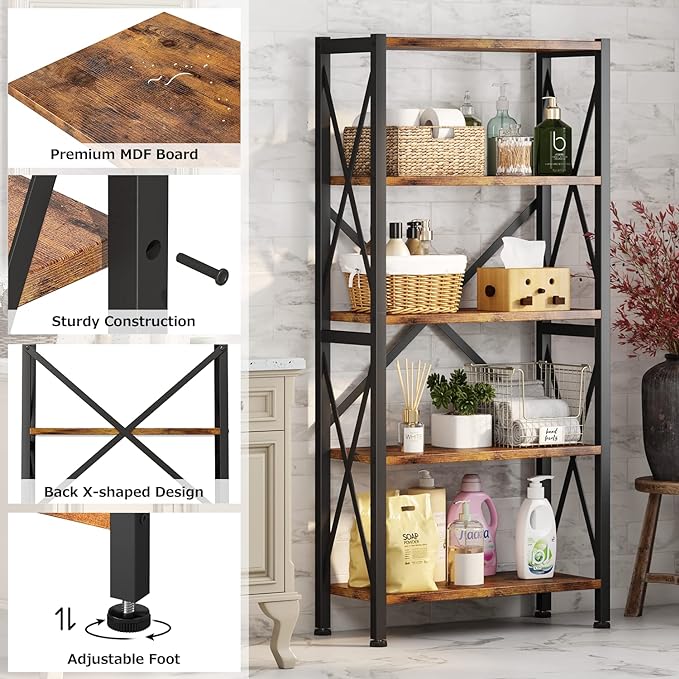 Homeiju 5-Tier Bookshelf,Wood Bookcase,Book Shelf with Steel Frame, Storage Rack with Open Shelves, Rustic Standing Bookshelves Ladder Shelf 110lbs/shelf for Bedroom,Living Room and Home Office