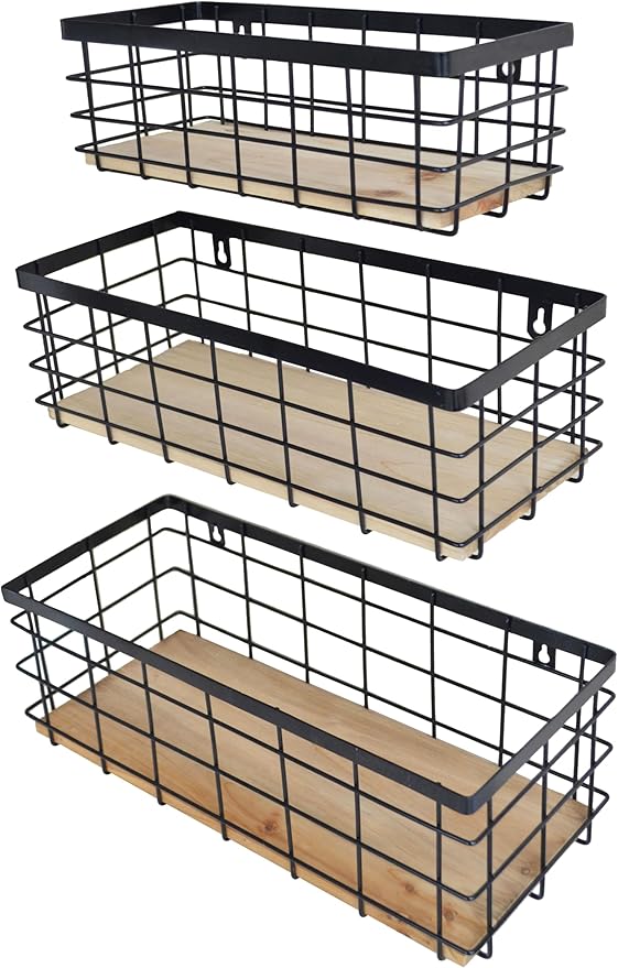 Metal Wire Basket Detachable Wood Base Storage Organizer Farmhouse Bin for Kitchen Cabinets, Bathroom, Pantry, Laundry Room, Closets Set of 3,Black Color