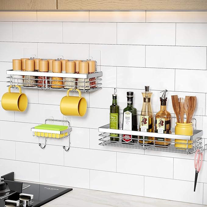 Orimade Adhesive Shower Caddy Soap Dish Holder Shelf with 5 Hooks Bathroom Organizer Basket Kitchen Storage Rack Wall Mounted No Drilling Stainless Steel - 3 Pack,Silver