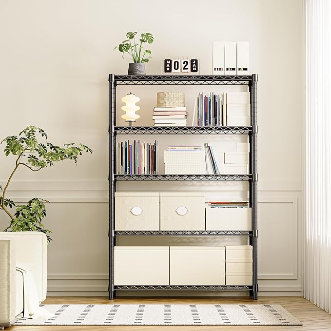 IZEUK 5-Tier Heavy Duty Metal Storage Shelving Unit (Black, 17.7" D x 47.2" W x 72.3" H, 1750 lbs Capacity), Adjustable Steel Wire Rack Shelf Organizer for Garage, Kitchen, Basement, Laundry, Office-NeatNest