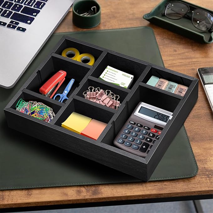Desk Drawer Organizer Tray with 9 Adjustable Compartments, Wooden Office Desk Accessories Supplies Organization Storage for Desktop Bathroom Vanity Makeup Black-NeatNest