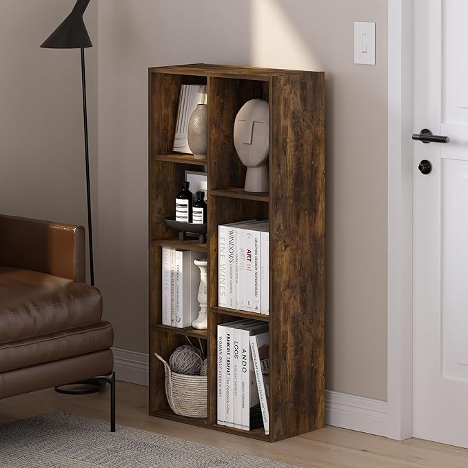 Furinno Luder 7-Cube Open Shelf Bookcase, Bookshelf, Amber Pine-NeatNest