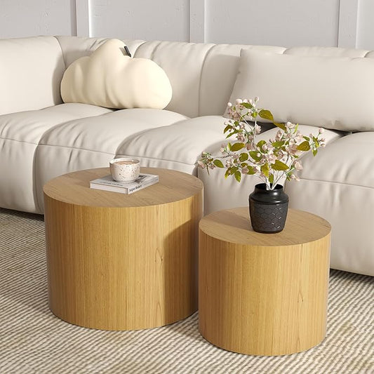 Nesting Coffee Table Set of 2, Round Wooden Coffee Tables Modern Circle End Table Side Tables for Small Spaces Living Room, Bedroom, Balcony, Office, Wood Color