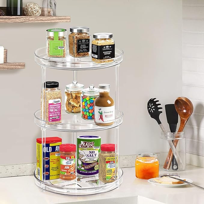 3 Tier Lazy Susan Bathroom Organizer - 9.25 Inch Clear Makeup Organizer with Skincare and Perfume Storage for Countertop-NeatNest