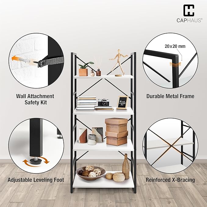 CAPHAUS 4 Tier Bookshelf, 24 Inch Width Free Standing Shelf, Bookcase Shelf Storage Organizer, Industrial Book Shelves for Home Office, Living Room, Kitchen, White Shelves & Metal Frame-NeatNest
