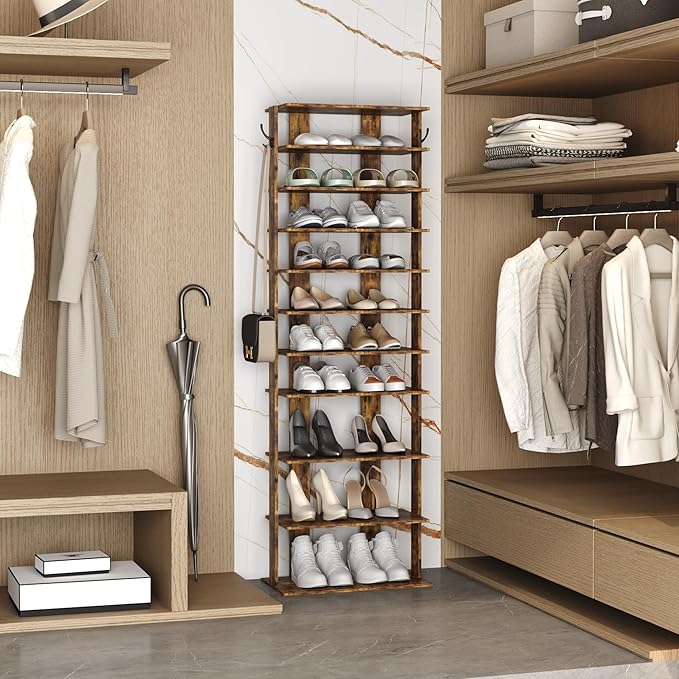 HOMEFORT 10-Tier Vertical Shoe Rack, Corner Shoe Tower, Double Rows 10 Tiers Shoe Shelf, Slim Shoe Storage Unit for 20 Pairs of Shoes, Shoe Stand for Entryway, Hallway, Closet (Rustic Brown)-NeatNest