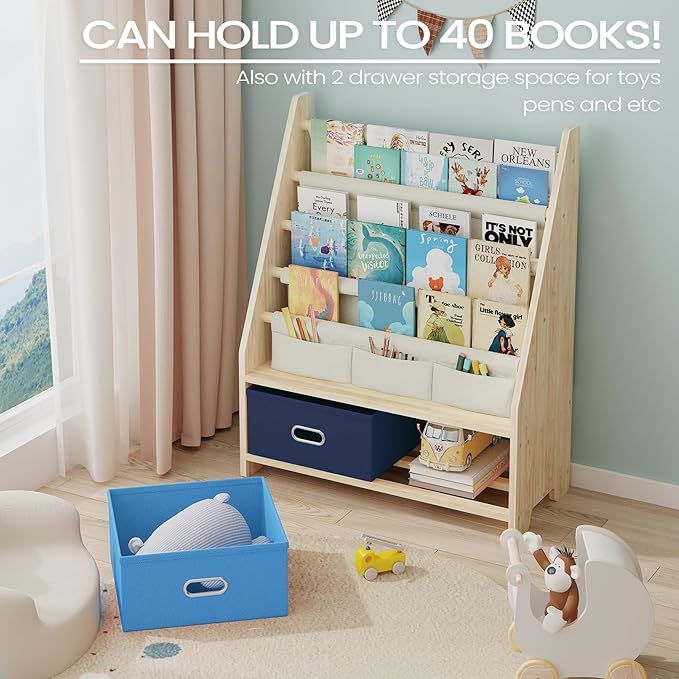 4 Tier Kids Book Shelf, Wooden Kids Book Rack Storage Bookshelf with Toy Storage Organizer, Toddler Sling Bookshelf for Boys, Girls, Kids Room, Blue