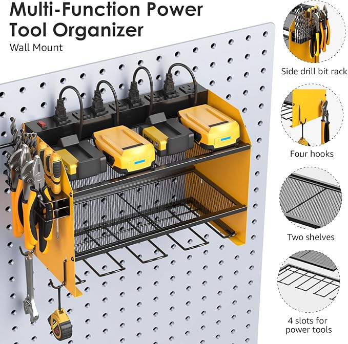 CCCEI Set Power Tool Organizer Wall Mount with Charging Station. Garage 4 Drill Storage Shelf with Hooks, Heavy Duty Metal Tool Battery Charger Organizer. Shop Utility Rack with Power Strip Yellow.-NeatNest