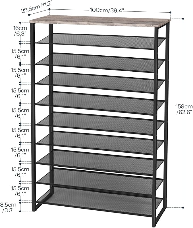 HOOBRO 10-Tier Shoe Rack, 39.4" L Shoe Storage Organizer, Large Capacity Shoe Shelf for Front Door Entrance, Entryway, Hallway, Holds 45-50 Pairs of Shoes, Closet, Greige and Black BG171XJ01-NeatNest