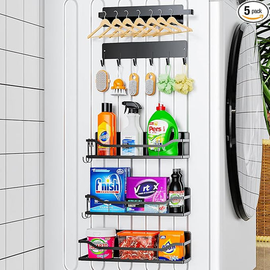 5 Pack Magnetic Shelves for Washing Machine & Refrigerator, Paper towel holder, Movable Powerful Magnetic Spice Racks with Unique Hollow Design, for Laundry Room and Kitchen Organization (Black)