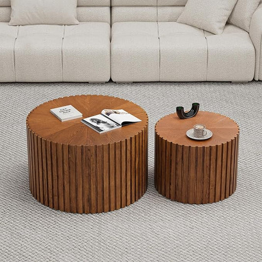 Round Coffee Table Set of 2 Modern Nesting Coffee Tables Wooden Drum Coffee Tables with Non-Slip Feet, Circle Nesting Tables End Table for Living Room Office, No Assembly (Brown 18.9"+14.96")