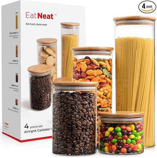 EatNeat 4‑Piece Glass Canister Set with Airtight Bamboo Lids – Giftable Kitchen Storage – Tall Jar Fits Spaghetti – 74/56/36/20 oz for Pantry, Dry Goods, Coffee, Snacks & More