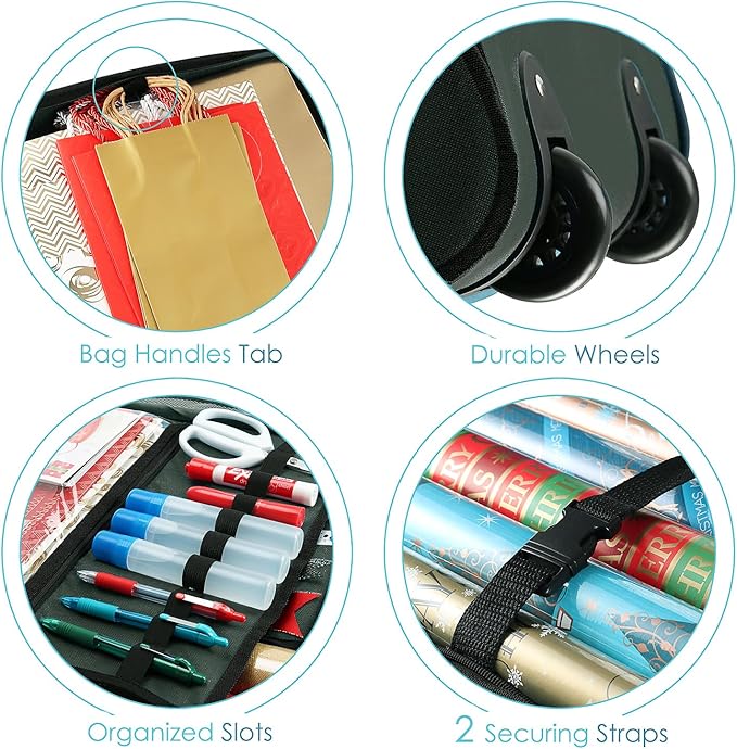 Hearth & Harbor Holiday Storage with Extra 2 PC of Christmas Storage Bins and Ribbon Storage Organizer - Fade Resistant Wrapping Paper Storage Containers with Wheels Fits Up to 30 Rolls of 40" Length-NeatNest