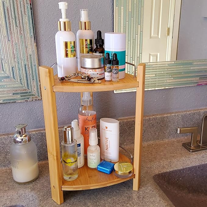 GOBAM Bamboo Shower Corner Caddy, Large - 2 Tier Standing Shower Stand for Shampoo, Conditioner, Lotion, Soap - Caddy Organizer for Kitchen, Bedroom, or Office