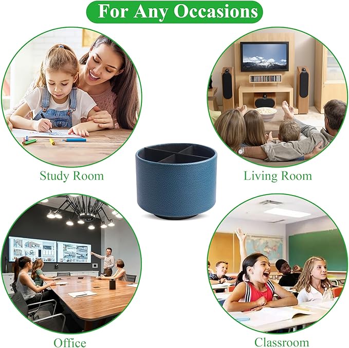Hennaja Round Leather Art Supply Organizer,Remote Control Holder,360 Degree Spinning,Multi-Functional Pencil Holder,4 Compartments Desktop Stationary Organizer(1-Lichee Green)-NeatNest