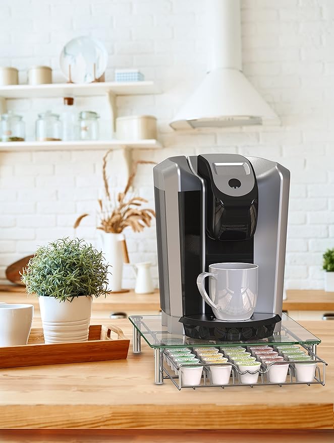 Deco Brothers Crystal Tempered Glass K-Cup Holder Drawer for 30 Coffee Pods Storage, Chrome-NeatNest