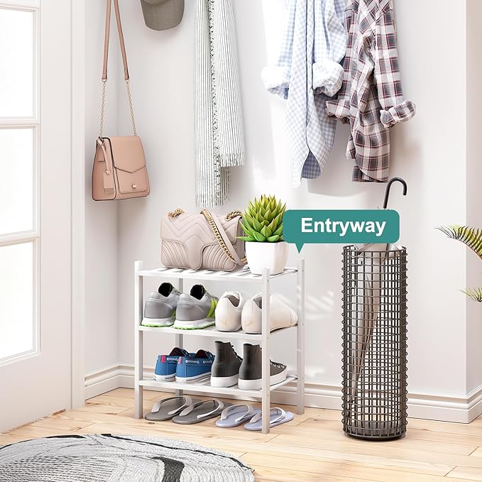 Small Shoe Rack for Entryway, White Shoe Organizer for Closet, Bamboo Wood Standing Shoe Shelf for Indoor Outdoor (White, 3-Tier_Samll)-NeatNest